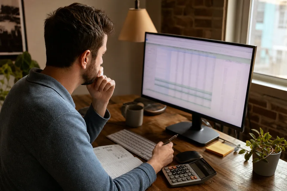 Founder comparing chatbot plan costs in a spreadsheet at a desk