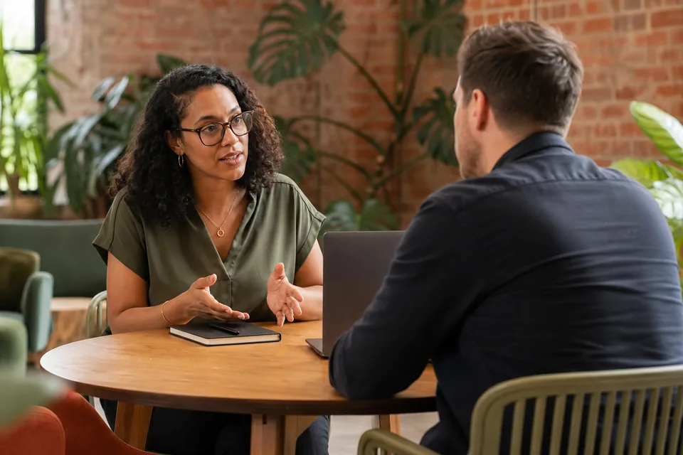 Marketing manager and business owner comparing live chat software costs at a table in a small office