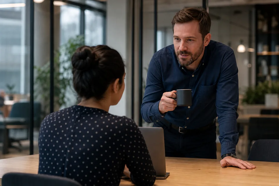 Sales and support team lead reviewing chat costs with a colleague in a small B2B office