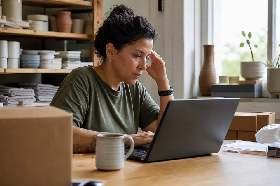 Support manager in a small store back office reviewing a monthly chatbot usage bill on a laptop