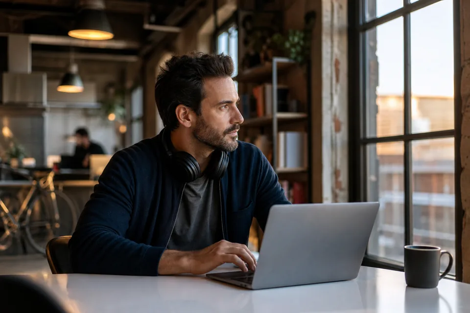 Founder of a small software startup replying to customer chats at a desk by a window