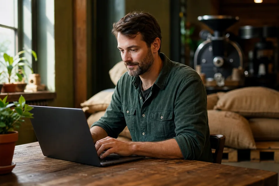 Owner of a small subscription coffee business answering customer messages on a laptop in a roastery office