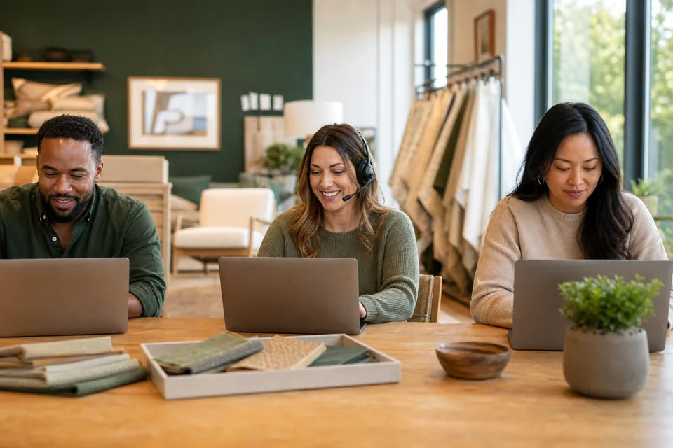 Support agent at a laptop answering website chat conversations