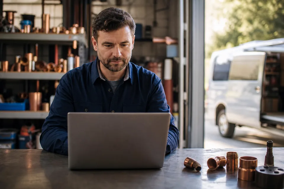 Owner of a small home services company checking website leads on a laptop in a workshop office