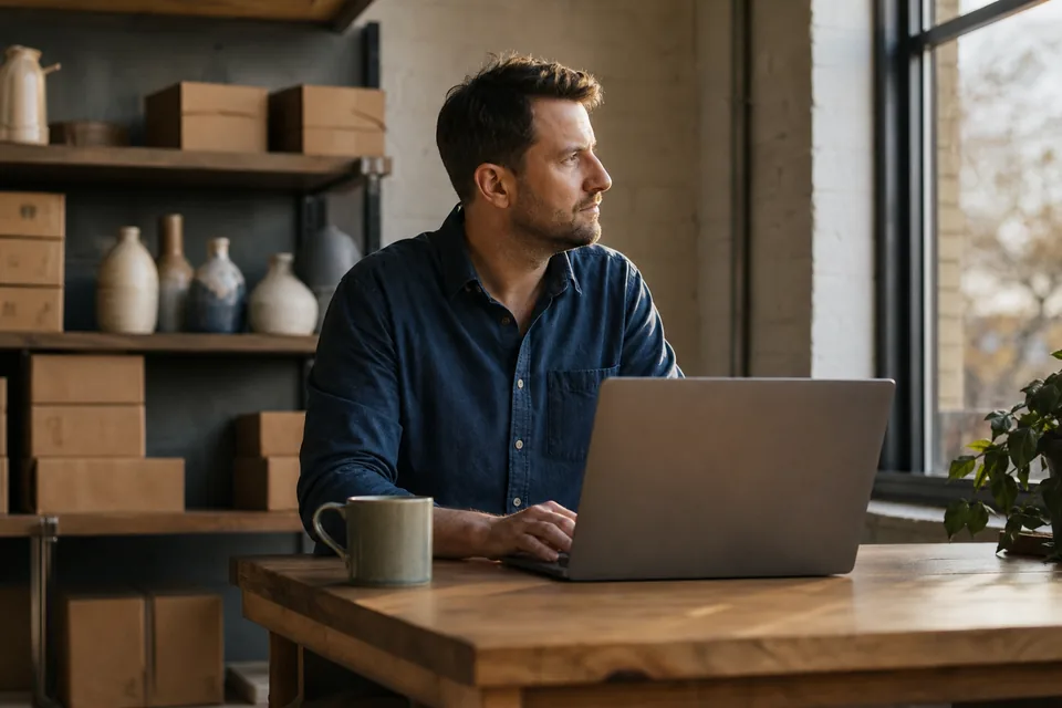 Support lead at a standing desk in a small online store office, planning the chat budget